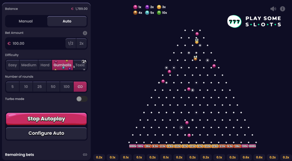 Screenshot of Ebaka Plinko game, showing the large pyramid and high-risk payout slots.