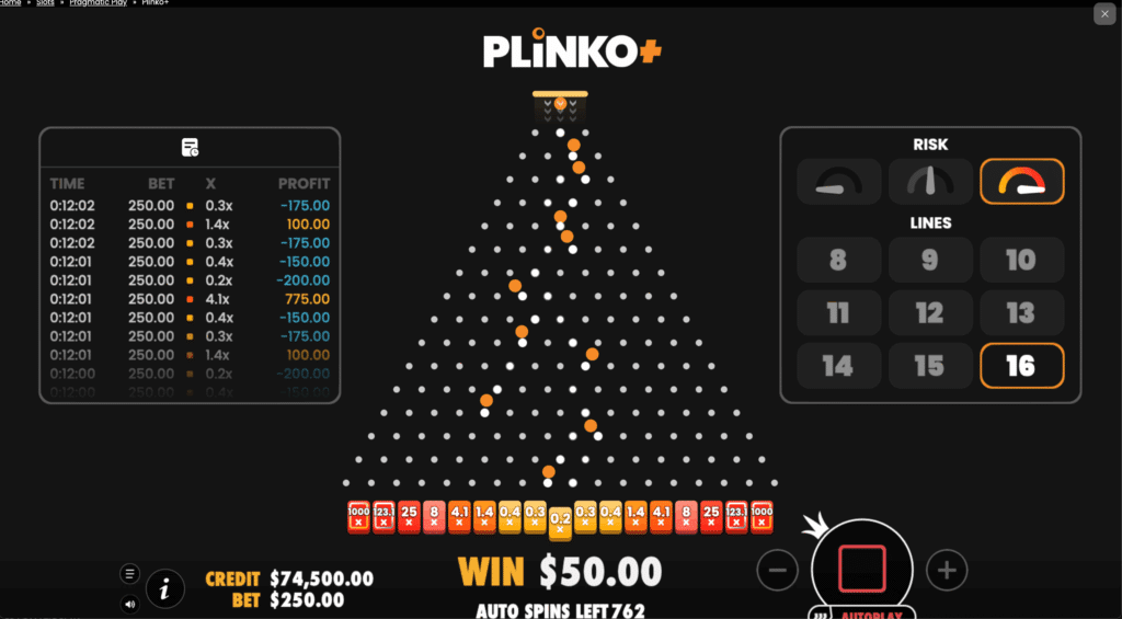 Screenshot of Pragmatic Play's PLINKO+ game interface, featuring adjustable risk levels, up to 16 lines, and a detailed betting history table.